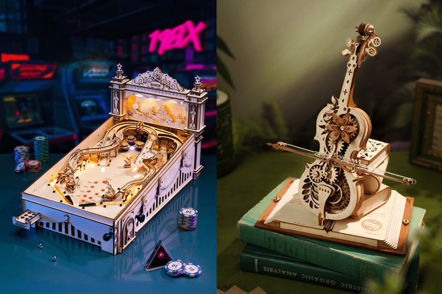 遊べるパズル「ピンボール」と、動いてオルゴールが流れる「魔法の